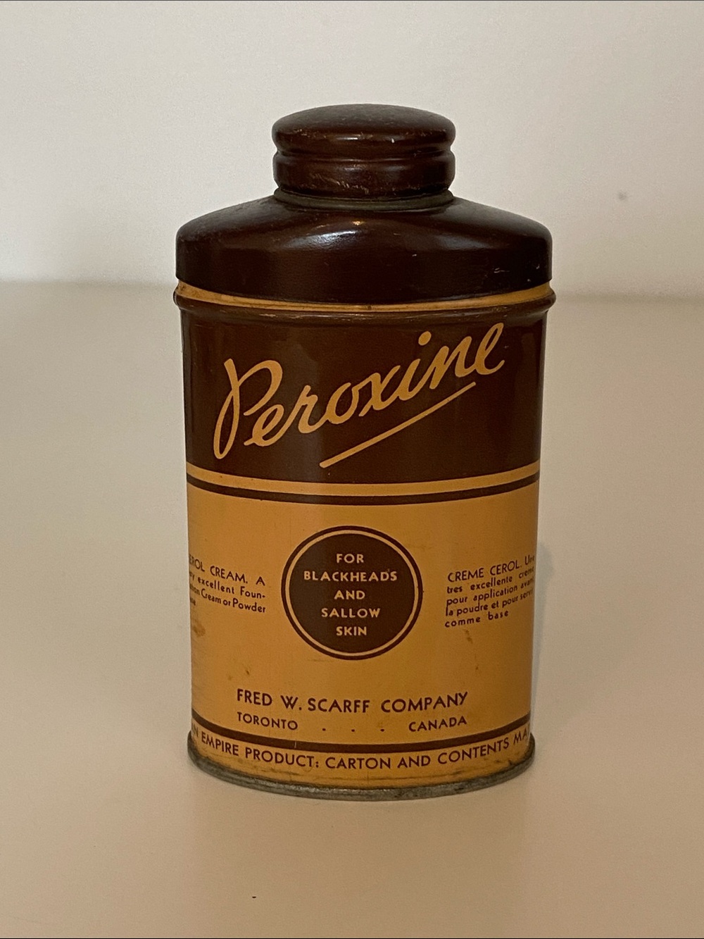 Vintage Peroxine Brown and Tan Metal Canister